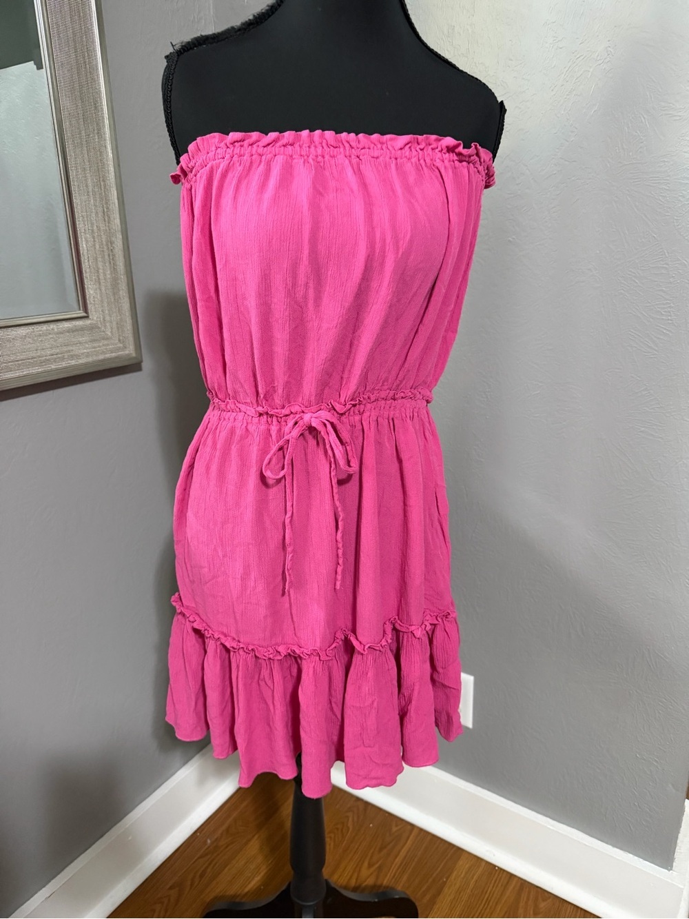 Elan Elle Strapless Barbiecore Tiered Ruffle Mini Dress Tie Waist Pink Medium - Picture 2 of 7